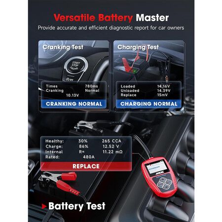 BA101 Car Battery Tester, 12V Digital Automotive Batteries and Alternator Diagnostic Tool, 100 to 2000 CCA Load Capacity, Charging and Cranking Analysis for Motorcycle, Truck, Boat, RV, Marine and More