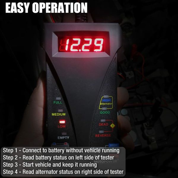 12V Digital Car Battery Tester Voltmeter and Charging System Analyzer with LCD Display and LED Indication