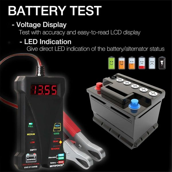 12V Digital Car Battery Tester Voltmeter and Charging System Analyzer with LCD Display and LED Indication