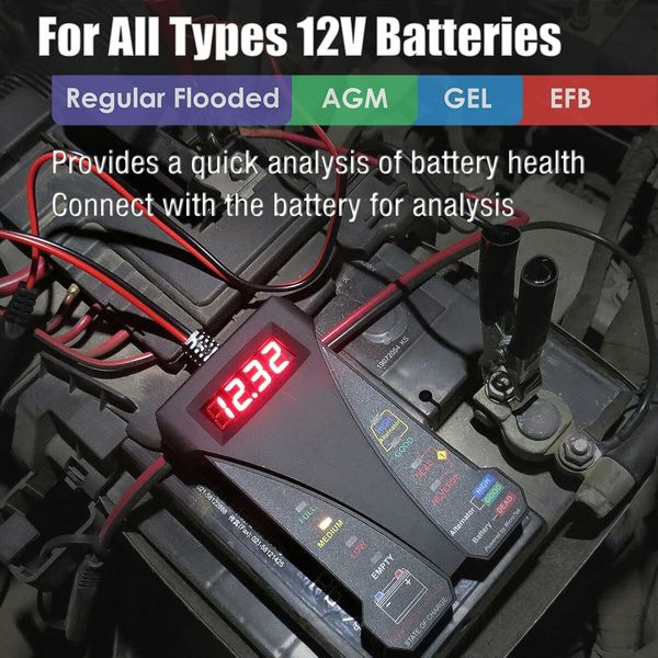 12V Digital Car Battery Tester Voltmeter and Charging System Analyzer with LCD Display and LED Indication