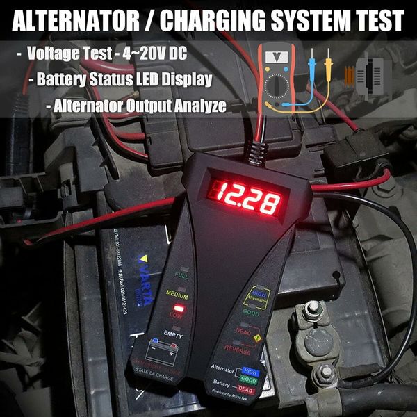 12V Digital Car Battery Tester Voltmeter and Charging System Analyzer with LCD Display and LED Indication