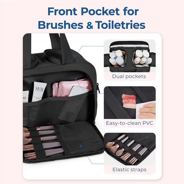 Travel Toiletry Bag,Lightweight Large Wide-open Travel Bag for Women,Puffy Cosmetic Makeup Bag Organizer with Handle for Accessories,Essentials,Toiletries,Black