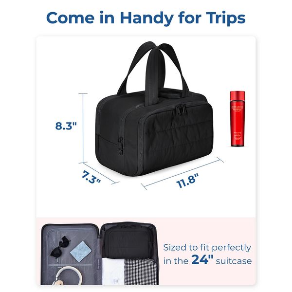 Travel Toiletry Bag,Lightweight Large Wide-open Travel Bag for Women,Puffy Cosmetic Makeup Bag Organizer with Handle for Accessories,Essentials,Toiletries,Black