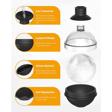 Set of 4 Large Round Ice Ball Maker Mold Silicone for Whiskey with 2 in 1 Funnel Lid, 2.4 Inch Big Sphere Ice Mold for Cocktails Bourbon