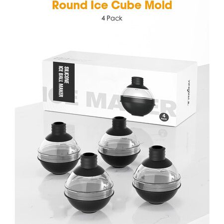 Set of 4 Large Round Ice Ball Maker Mold Silicone for Whiskey with 2 in 1 Funnel Lid, 2.4 Inch Big Sphere Ice Mold for Cocktails Bourbon