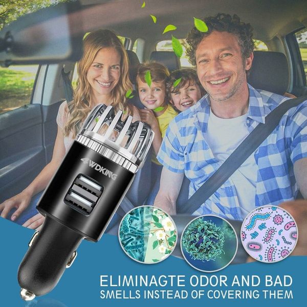 Car Air Purifier Ionizer, 12V Plug in Car Air Freshener Gadgets with Dual USB Charger Removes Cigarette Smoke, Pet and Food Odor, Ionic Ozone, Black