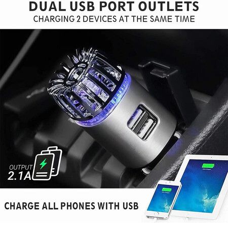 Car Air Purifier Ionizer, 12V Plug in Car Air Freshener Gadgets with Dual USB Charger Removes Cigarette Smoke, Pet and Food Odor, Ionic Ozone, Silver