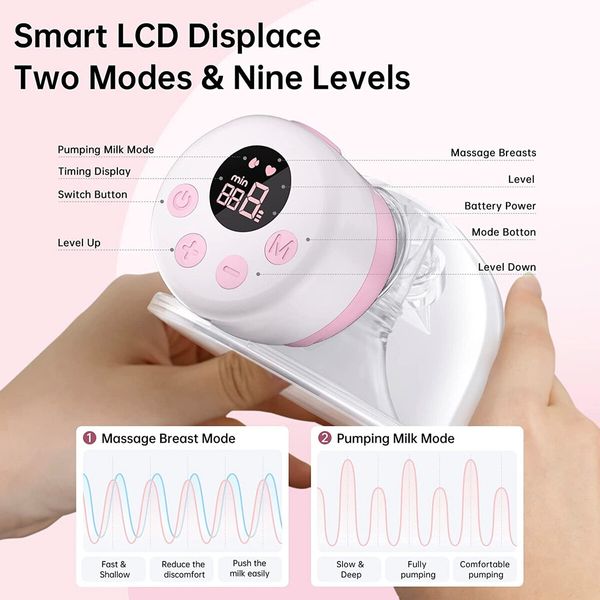 Wearable Breast Pump, Electric Hands Free Breast Pumps with 2 Modes, 9 Levels, LCD Display, Memory Function,1 Pack