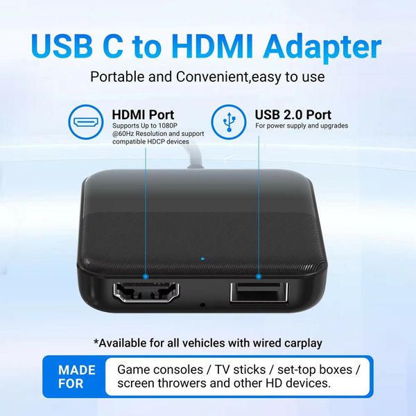 Car TV Stick Converter with HDMI Input,Cast Video/Game/Wired CarPlay/Android Auto to Car, Plug and Play, Most Stream Devices and Wired CarPlay Cars