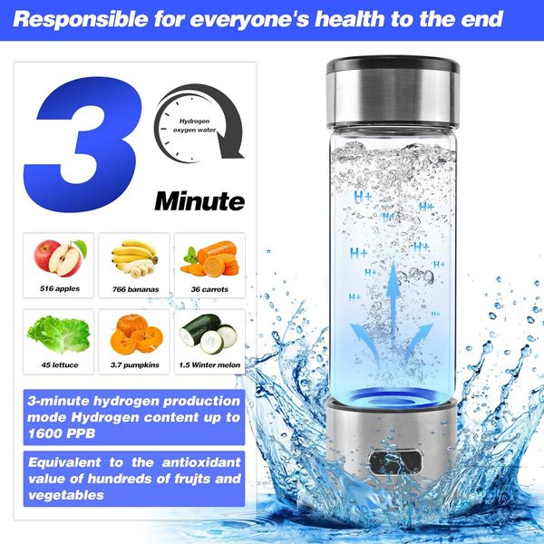 Hydrogen Water Bottle, Portable SPE PEM Technology Water Ionizer Machine, Rechargeable 3 Min Quick Electrolysis Water Bottle Generator for Home, Office, Travel