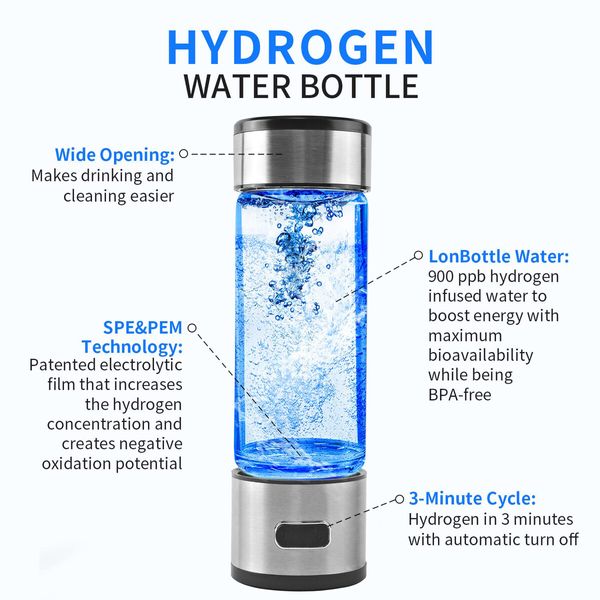 Hydrogen Water Bottle, Portable SPE PEM Technology Water Ionizer Machine, Rechargeable 3 Min Quick Electrolysis Water Bottle Generator for Home, Office, Travel