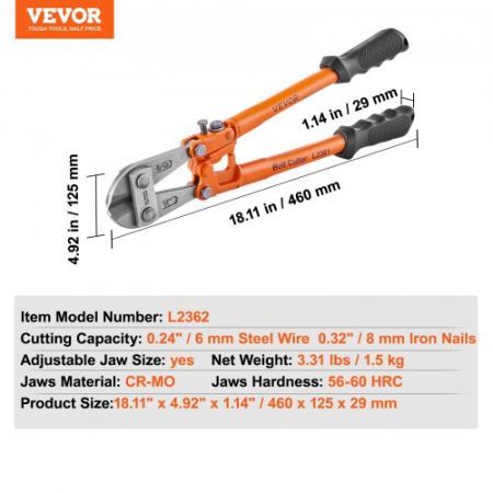 Bolt Cutter 18" Lock Cutter Bimaterial Handle with Rubber Grip Alloy Steel