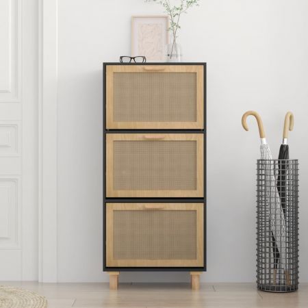 Shoe Cabinet Black 52x25x115 cm Engineered Wood and Natural Rattan