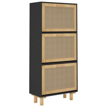 Shoe Cabinet Black 52x25x115 cm Engineered Wood and Natural Rattan