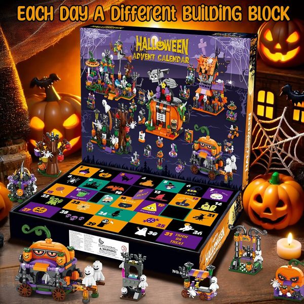 31 Day Halloween Advent Calendar,Spooky Haunted House,Ghosts,Bats & Pumpkins Building Block,Fun Countdown Halloween Toy Gifts for Kids