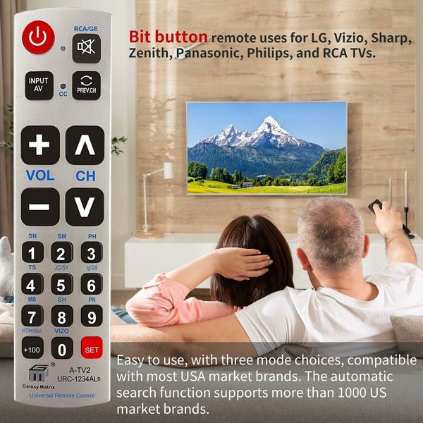 Big Button Universal Remote Control A-TV2,Initial Setting for LG,Vizio,Sharp,Zenith,Panasonic,Philips,RCA - Put Battery to Work,No Program Needed