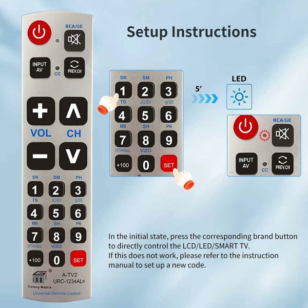 Big Button Universal Remote Control A-TV2,Initial Setting for LG,Vizio,Sharp,Zenith,Panasonic,Philips,RCA - Put Battery to Work,No Program Needed