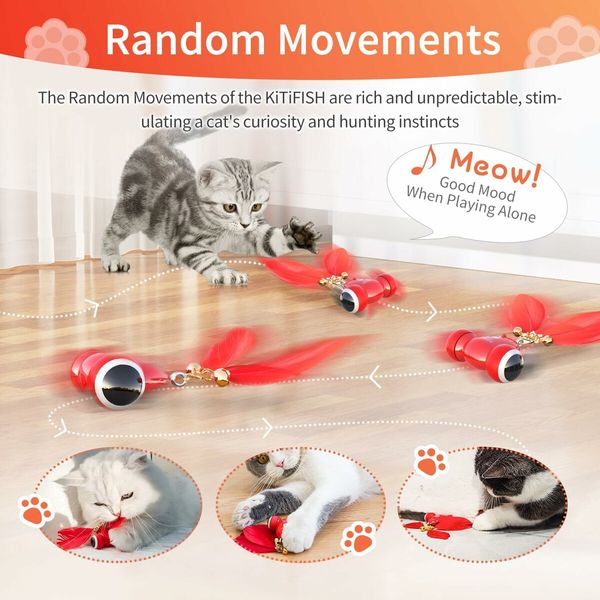 Interactive Cat Toys, Rechargeable Automatic Cat Toy with Feather and Bell for Indoor Cats Fast Rolls on Thin Carpet, Motion Activated Cat Toy