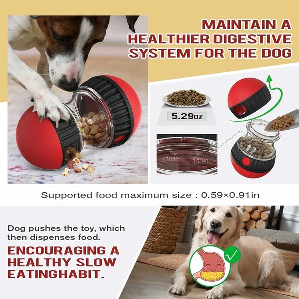 Dog Food Puzzle Toy Adjustable Treat Dispensing Food Dispenser Slow Feeder Bowls Puppy Enrichment Toy Ball Dog Interactive Chase Training Toys for Small Medium Large Dogs, Red