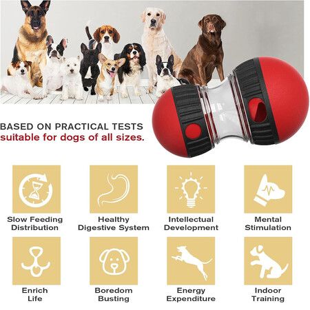 Dog Food Puzzle Toy Adjustable Treat Dispensing Food Dispenser Slow Feeder Bowls Puppy Enrichment Toy Ball Dog Interactive Chase Training Toys for Small Medium Large Dogs, Red