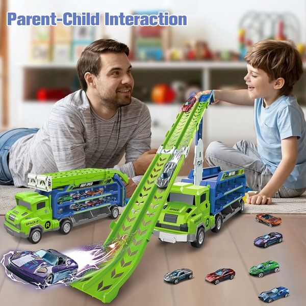 Carrier Truck Transport Car Toys, Foldable 2 Layer Car Race Track Playset with 46 in Race Track, 6 Metal Toy Cars, Birthday Toy Gift for Toddler Boys Girls Age 3+