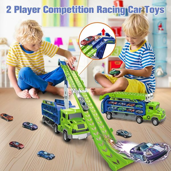 Carrier Truck Transport Car Toys, Foldable 2 Layer Car Race Track Playset with 46 in Race Track, 6 Metal Toy Cars, Birthday Toy Gift for Toddler Boys Girls Age 3+