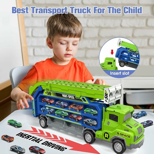 Carrier Truck Transport Car Toys, Foldable 2 Layer Car Race Track Playset with 46 in Race Track, 6 Metal Toy Cars, Birthday Toy Gift for Toddler Boys Girls Age 3+