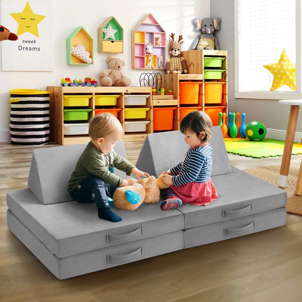 Modular Kids Sofa Set Play Couch 8pcs Convertible Lounge Chair Comfy Cushion Folding Sectional Toddler Bed Ball Pit Activity Playroom Storage