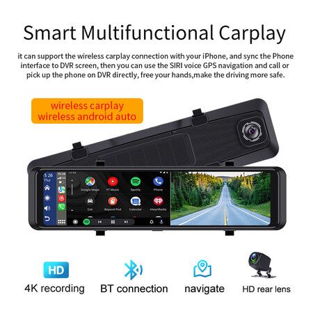 Wireless Carplay Android Auto Car Driving Recorder with 11.26 Inch IPS Touchscreen with 4K Front and Rear View Camera