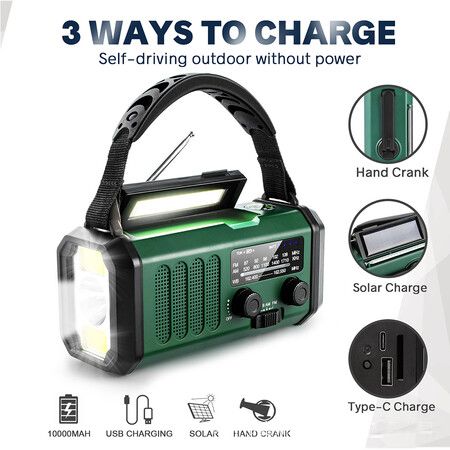 10000mAh Emergency Hand Crank Radio AM/FM with LED Flashlight Solar Radio, Portable Weather Radio for Family Outdoor Camping,Green