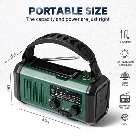 10000mAh Emergency Hand Crank Radio AM/FM with LED Flashlight Solar Radio, Portable Weather Radio for Family Outdoor Camping,Green