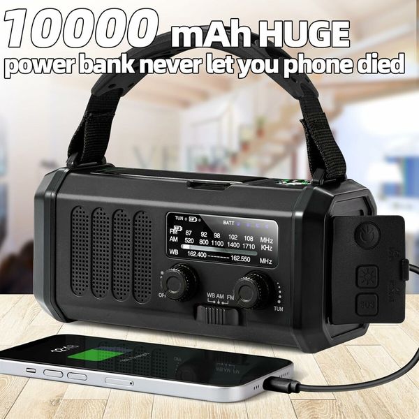 10000mAh Emergency Hand Crank Radio AM/FM with LED Flashlight Solar Radio, Portable Weather Radio for Family Outdoor Camping,Black