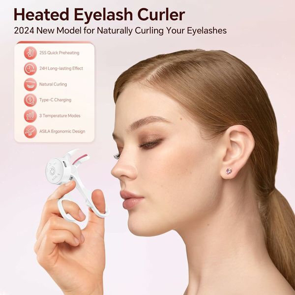 Heated Eyelash Curlers with 3 Heating Modes, C Shaped Natural Curling, 24 Hours Long Lasting, Rechargeable Electric Eyelash Curler with Type C, Anti Burn Mini Lash Curler, Gift for Women Girls, White