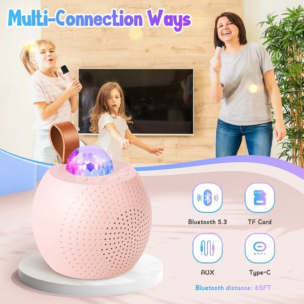 Mini Karaoke Machine for Kids, Bluetooth Speaker with 2 Wireless Microphones, Portable Microphone Speaker with Colorful LED Disco Lights for Home Party