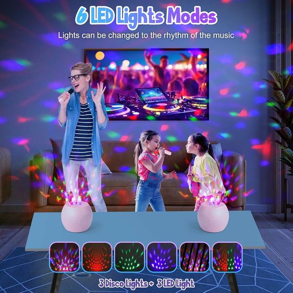 Mini Karaoke Machine for Kids, Bluetooth Speaker with 2 Wireless Microphones, Portable Microphone Speaker with Colorful LED Disco Lights for Home Party