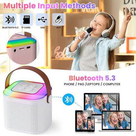 Karaoke Machine for Kids, Mini Portable Bluetooth Karaoke Speaker with 2 Wireless Mics, Gifts Toys for Girls Boys Family Home Party,Birthday Party (White）