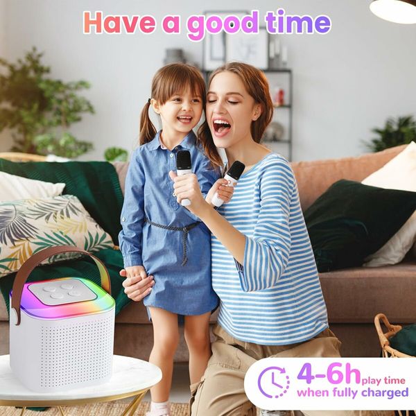 Karaoke Machine for Kids, Mini Portable Bluetooth Karaoke Speaker with 2 Wireless Mics, Gifts Toys for Girls Boys Family Home Party,Birthday Party (White）