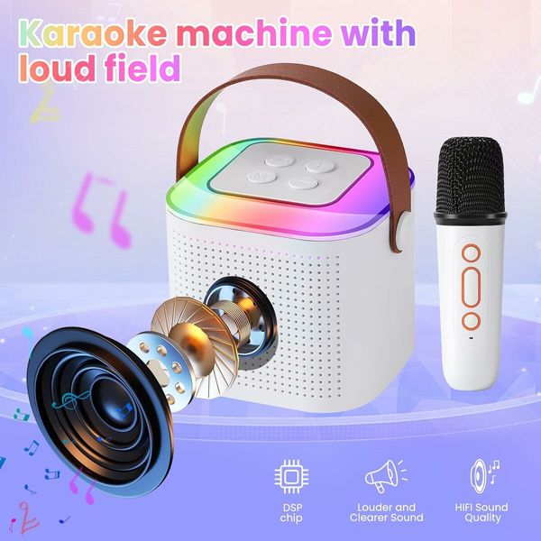 Karaoke Machine for Kids, Mini Portable Bluetooth Karaoke Speaker with 2 Wireless Mics, Gifts Toys for Girls Boys Family Home Party,Birthday Party (White）