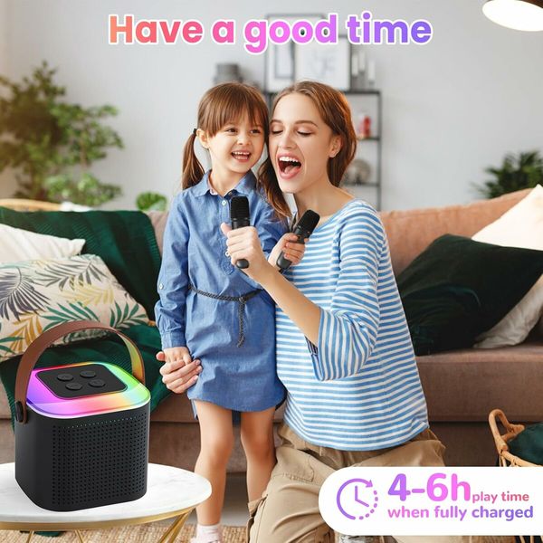 Karaoke Machine for Kids, Mini Portable Bluetooth Karaoke Speaker with 2 Wireless Mics, Gifts Toys for Girls Boys Family Home Party,Birthday Party(Black）