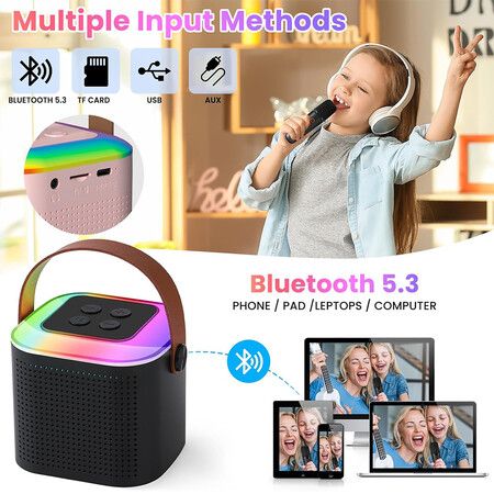 Karaoke Machine for Kids, Mini Portable Bluetooth Karaoke Speaker with 2 Wireless Mics, Gifts Toys for Girls Boys Family Home Party,Birthday Party(Black）