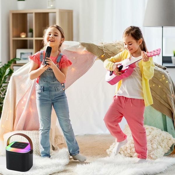 Karaoke Machine for Kids, Mini Portable Bluetooth Karaoke Speaker with 2 Wireless Mics, Gifts Toys for Girls Boys Family Home Party,Birthday Party(Black）