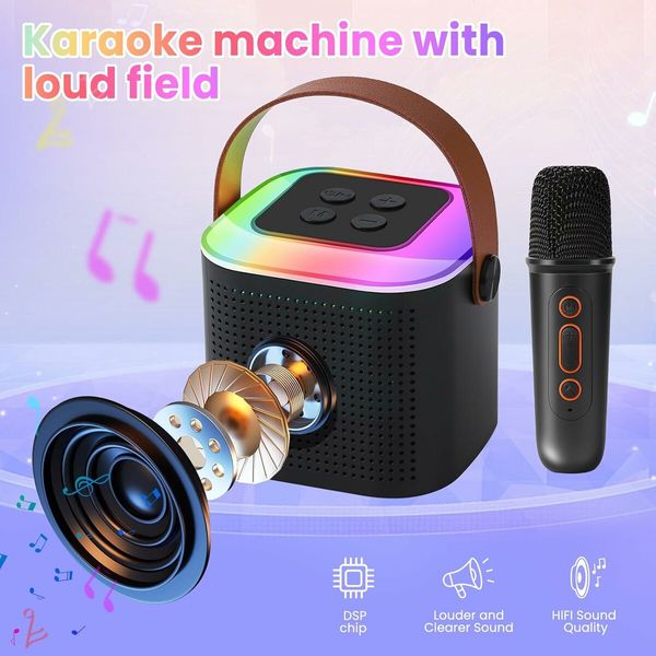 Karaoke Machine for Kids, Mini Portable Bluetooth Karaoke Speaker with 2 Wireless Mics, Gifts Toys for Girls Boys Family Home Party,Birthday Party(Black）