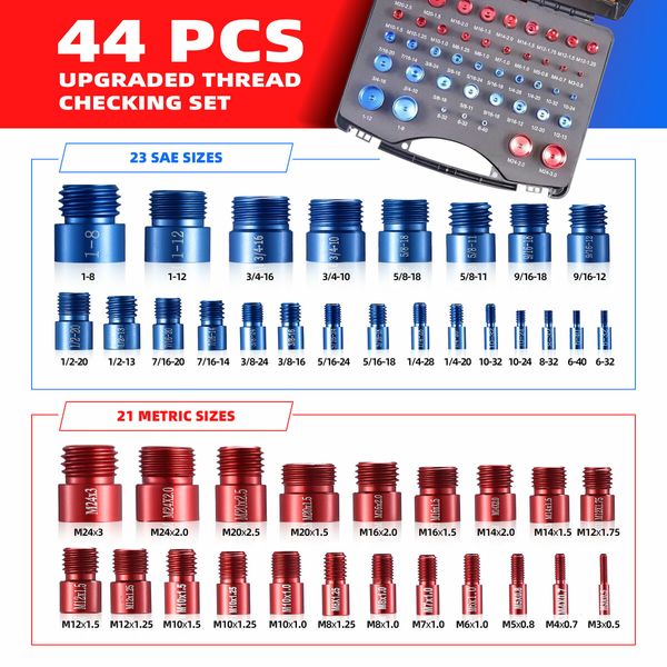 Nut and Bolt Tread Checker Kit Inch Metric Size 44 Male Female Gauges Identifier Measuring Tool Carbon Steel with Storage Box