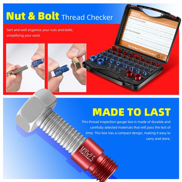 Nut and Bolt Tread Checker Kit Inch Metric Size 44 Male Female Gauges Identifier Measuring Tool Carbon Steel with Storage Box