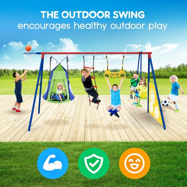 Kids Swing Set Seesaw Basketball Hoop Football Soccer Goal Tent Ladder Trapeze Bar Climbing Saucer 6in1 Child Outdoor Playground Activity Centre