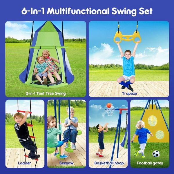 Kids Swing Set Seesaw Basketball Hoop Football Soccer Goal Tent Ladder Trapeze Bar Climbing Saucer 6in1 Child Outdoor Playground Activity Centre