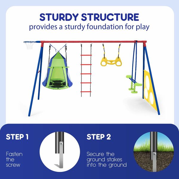 Kids Swing Set Seesaw Basketball Hoop Football Soccer Goal Tent Ladder Trapeze Bar Climbing Saucer 6in1 Child Outdoor Playground Activity Centre