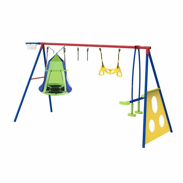 Kids Swing Set Seesaw Basketball Hoop Football Soccer Goal Tent Ladder Trapeze Bar Climbing Saucer 6in1 Child Outdoor Playground Activity Centre