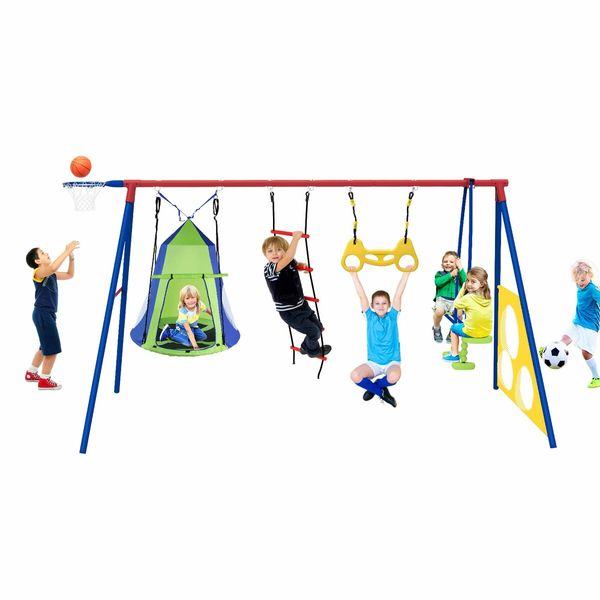 Kids Swing Set Seesaw Basketball Hoop Football Soccer Goal Tent Ladder Trapeze Bar Climbing Saucer 6in1 Child Outdoor Playground Activity Centre