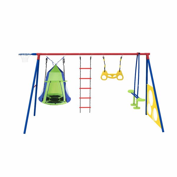 Kids Swing Set Seesaw Basketball Hoop Football Soccer Goal Tent Ladder Trapeze Bar Climbing Saucer 6in1 Child Outdoor Playground Activity Centre